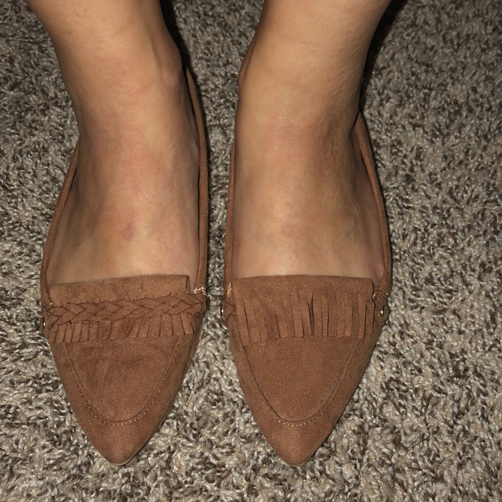 Tan “suede” fringe flats